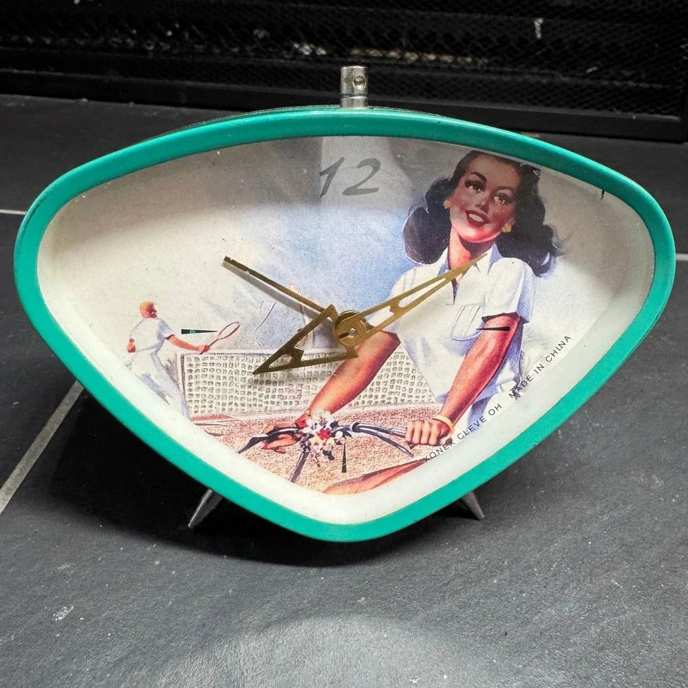 Vintage Pin Up Girl Bicycle Tennis Alarm Desk Clock Teal Triangular Wind Up